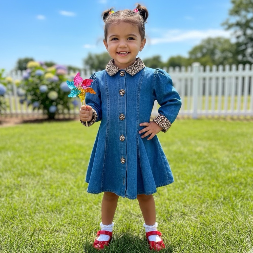 Long Sleeve Denim Button Down Dress Cheetah Trim